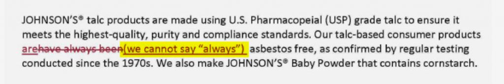 2013 markup of J&J’s website recognizes the company’s talc may have been tainted in the past.